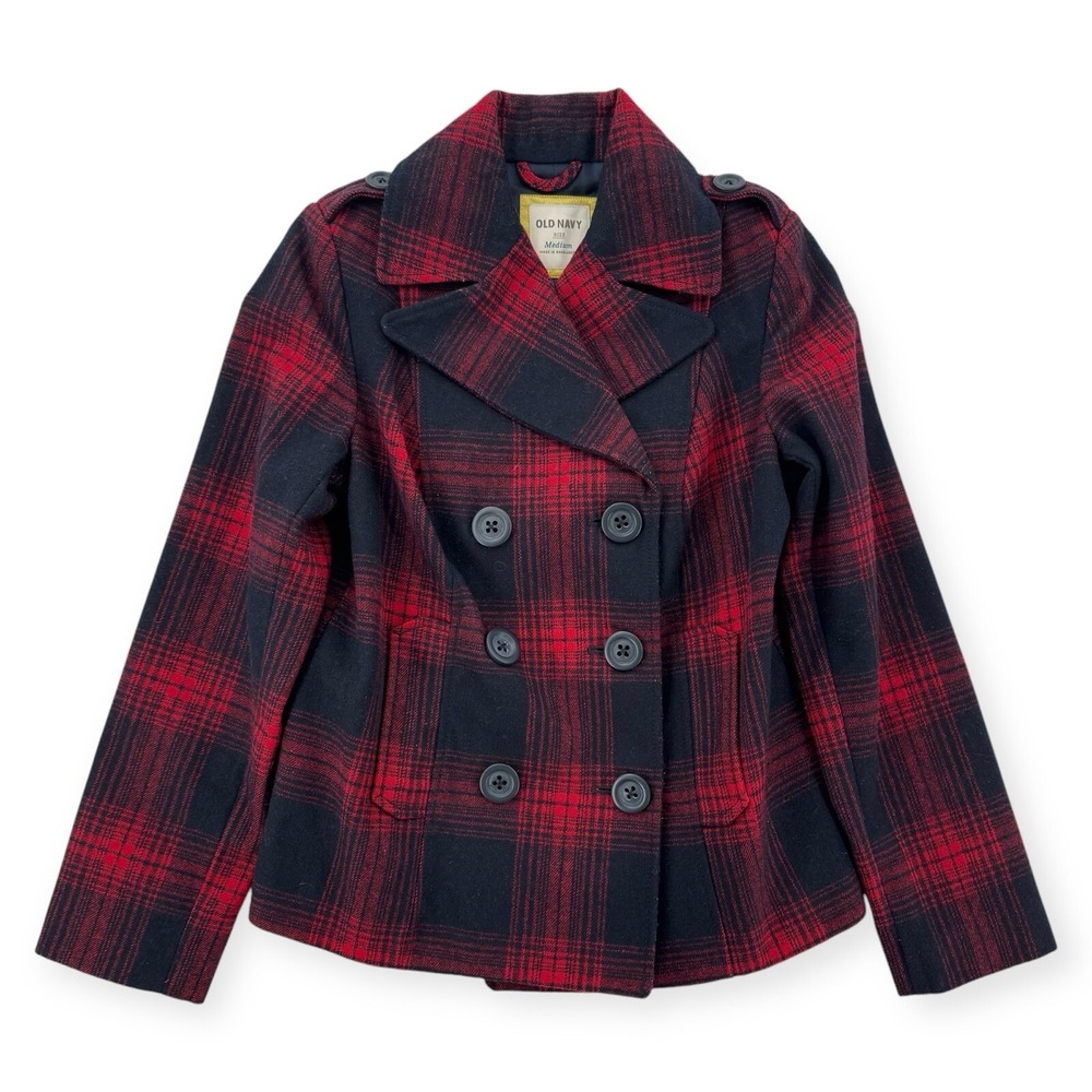 Old Navy Jacket Womens Medium Navy Red Plaid Double‎ Breast Blazer Coat Wool Mix